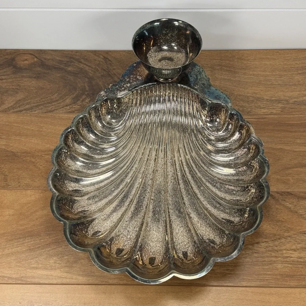 Wm Rogers & Sons Silver Plate 89574 Chip Dip Scallop Shell Bowl Sauce Cup VTG